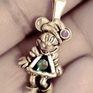Mimi Mouse Disney 925 Sterling Silver Emerald / Garnet Stone Pendant 6.8 Grams